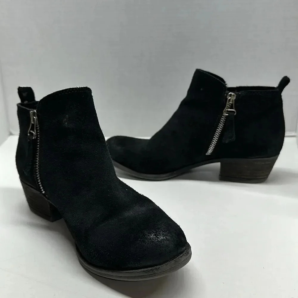 Miz Mooz Suede Ankle Boots Short Heeled Booties Side Zip Shoes Black Size 8